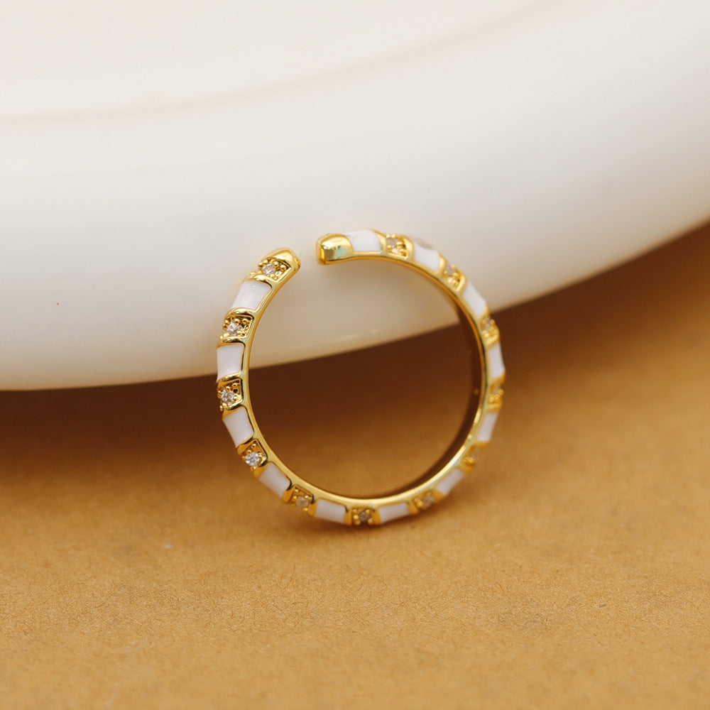 Minimalist Color Block 18K Gold Plated Open Ring with White Enamel Detailing