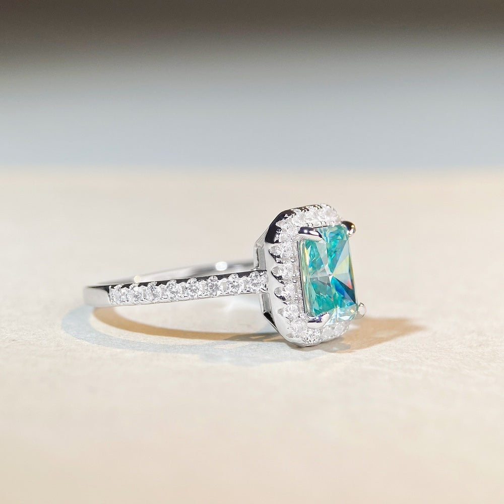 Radiant Cut Moissanite Ring with Paraiba Mint Green Square Inlay in Sterling Silver