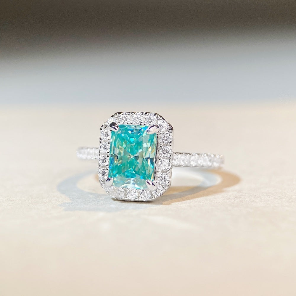 Radiant Cut Moissanite Ring with Paraiba Mint Green Square Inlay in Sterling Silver