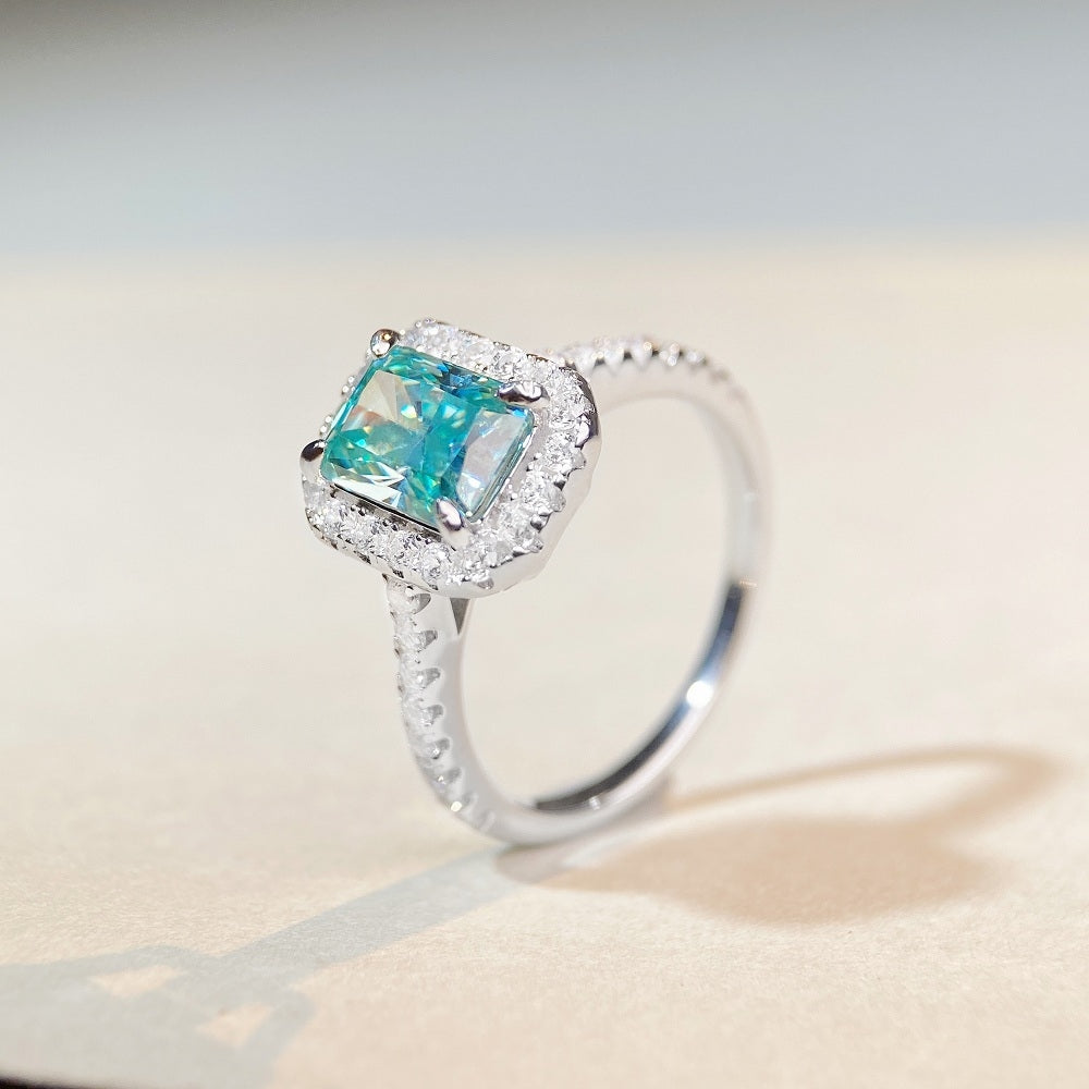 Radiant Cut Moissanite Ring with Paraiba Mint Green Square Inlay in Sterling Silver