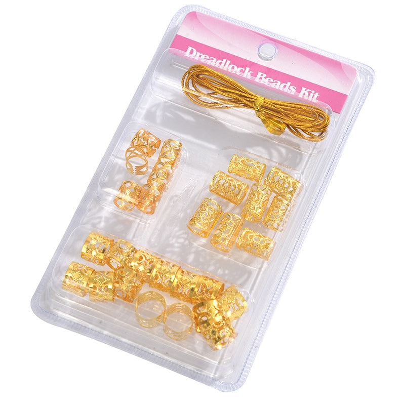 Gold Wire Dreadlocks Hair Extension Rings & Metal Hollow Flower Tubes Set