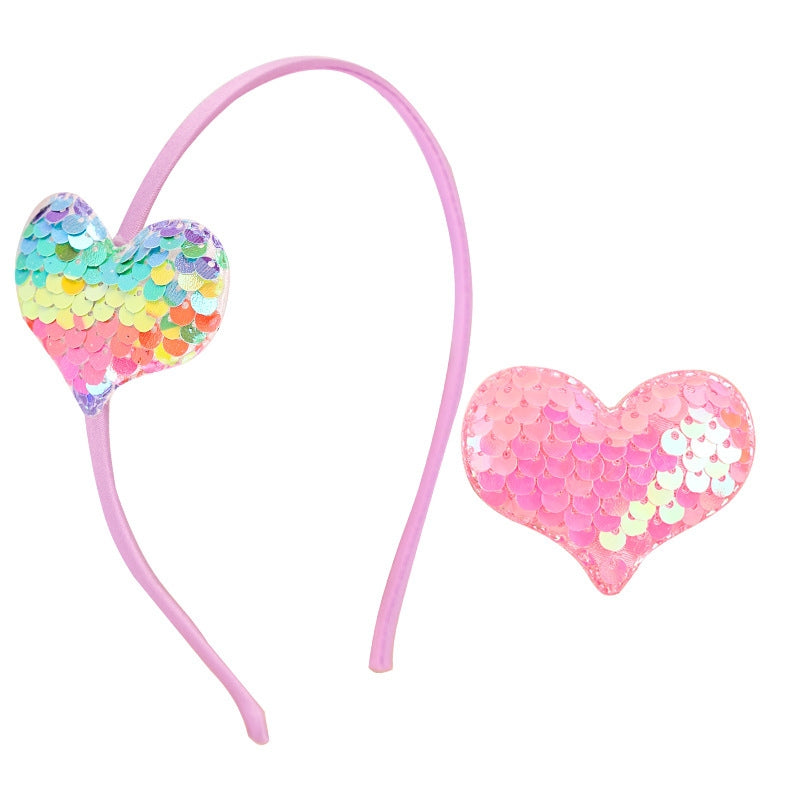 Women's Heart Shape Sequin Hair Clip and Hair Band Set