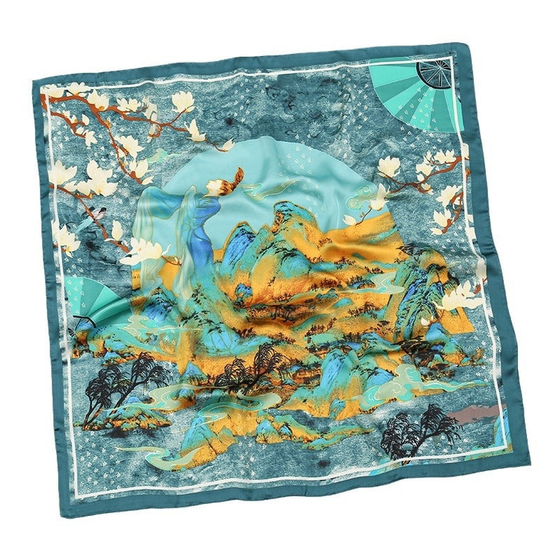 Women's Chinoiserie Floral Mountain Print Silk Scarf 70cm