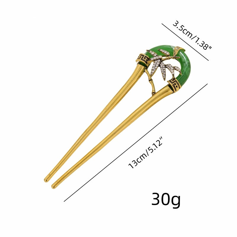 Elegant Chinoiserie Bamboo Leaf Rhinestone Hairpin - U-Shaped Headdress & Cheongsam Accessory