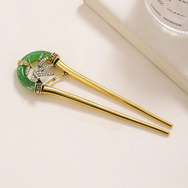 Elegant Chinoiserie Bamboo Leaf Rhinestone Hairpin - U-Shaped Headdress & Cheongsam Accessory