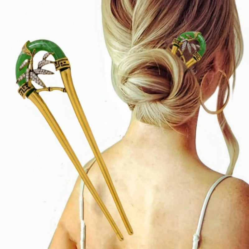 Elegant Chinoiserie Bamboo Leaf Rhinestone Hairpin - U-Shaped Headdress & Cheongsam Accessory