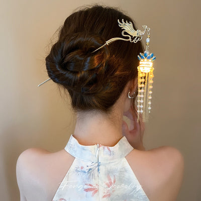 Chinoiserie Flower & Phoenix Lotus Tassel Hairpin for Hanfu