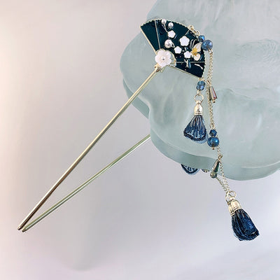 Women's Chinoiserie Retro Fan Tassel Hairpin in Navy Blue