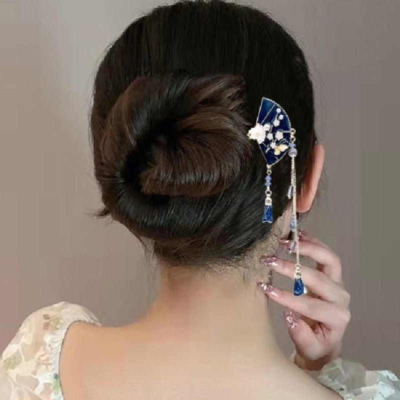 Women's Chinoiserie Retro Fan Tassel Hairpin in Navy Blue