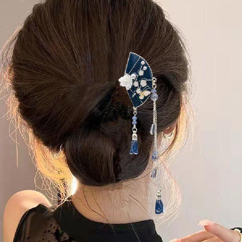 Women's Chinoiserie Retro Fan Tassel Hairpin in Navy Blue