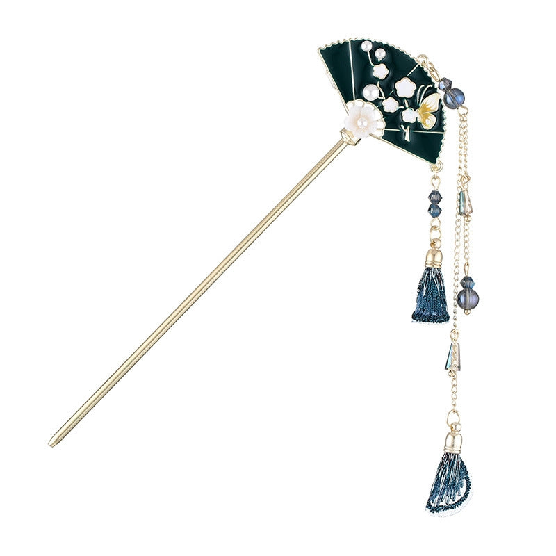 Women's Chinoiserie Retro Fan Tassel Hairpin in Navy Blue