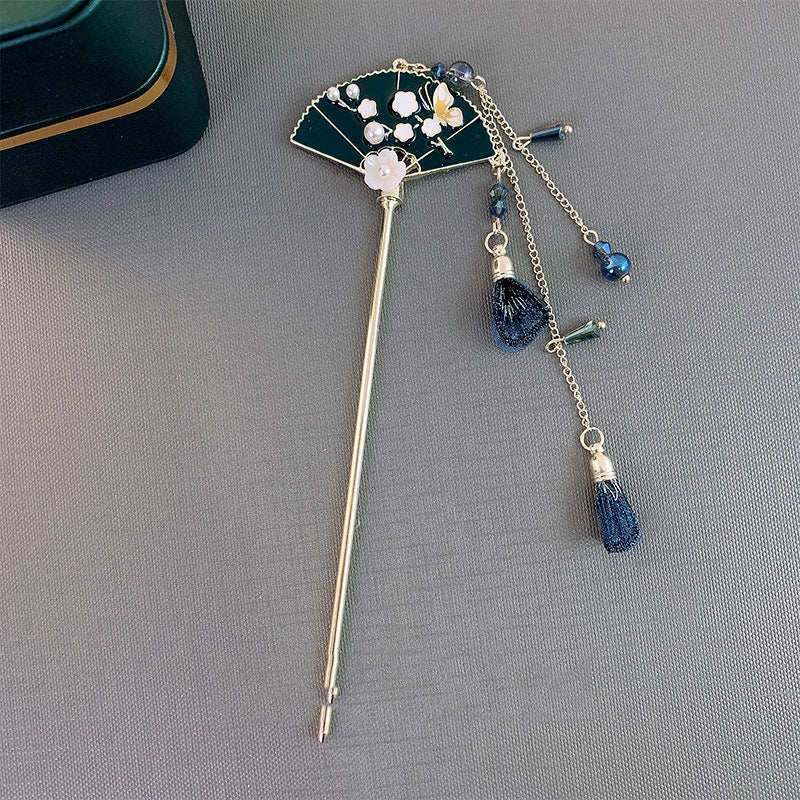 Women's Chinoiserie Retro Fan Tassel Hairpin in Navy Blue