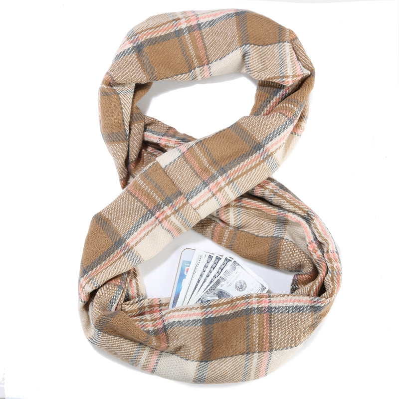 Women's Classic Color Block Imitation Cashmere Scarf with Pocket Zipper