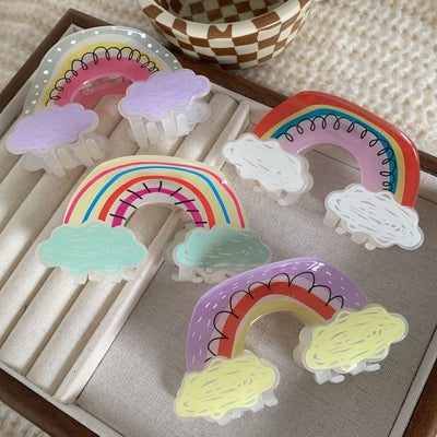 Women's Rainbow Acrylic Hair Claw Clip - Cute Cloud Graffiti Design