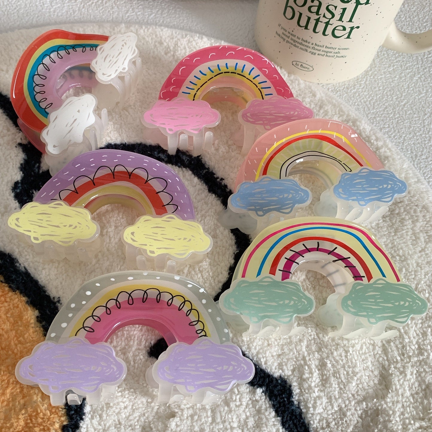 Women's Rainbow Acrylic Hair Claw Clip - Cute Cloud Graffiti Design