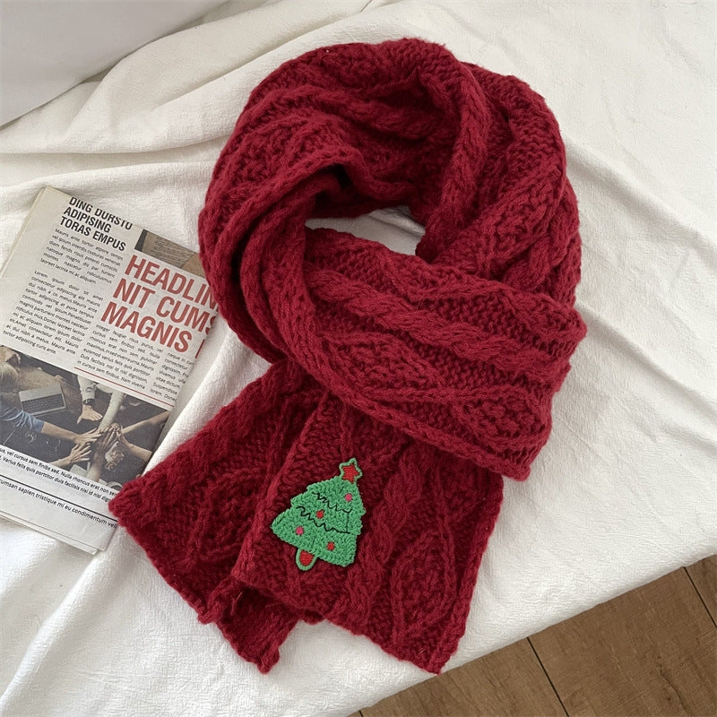 Women's Christmas Tree Yarn Scarf - Red Knitted Winter Scarf for Women and Couples