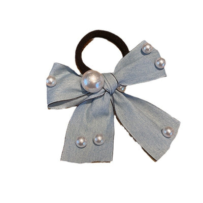 Women's Elegant Denim Blue Bow Beaded Pearl Hair Tie