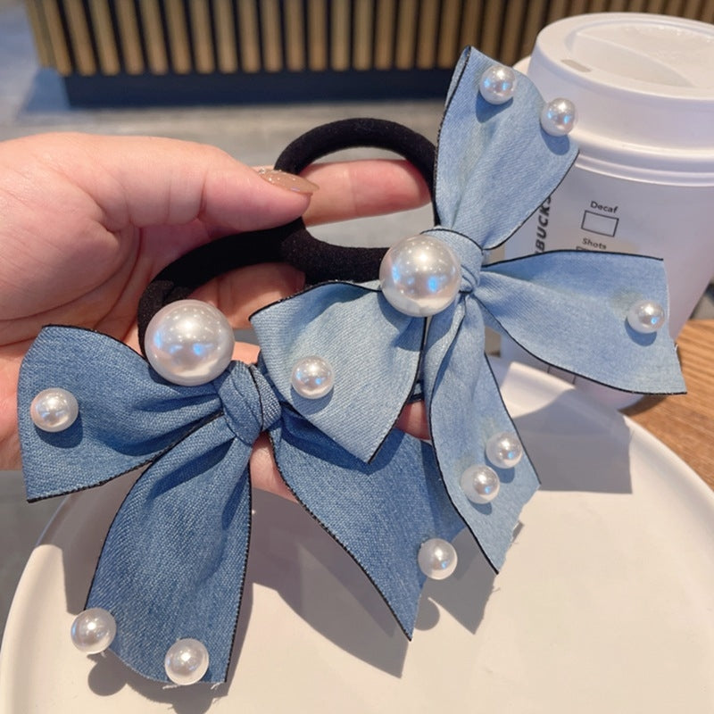 Women's Elegant Denim Blue Bow Beaded Pearl Hair Tie