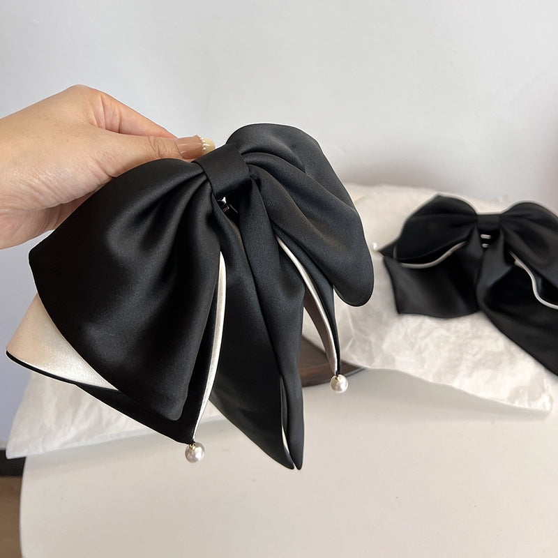 Elegant Women's Bow Knot Hair Clip - Black Beige Contrast Fabric Hairpin