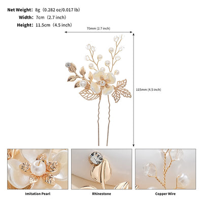 Women's Elegant Bridal Gold Leaf Pearl Flower Hairpin