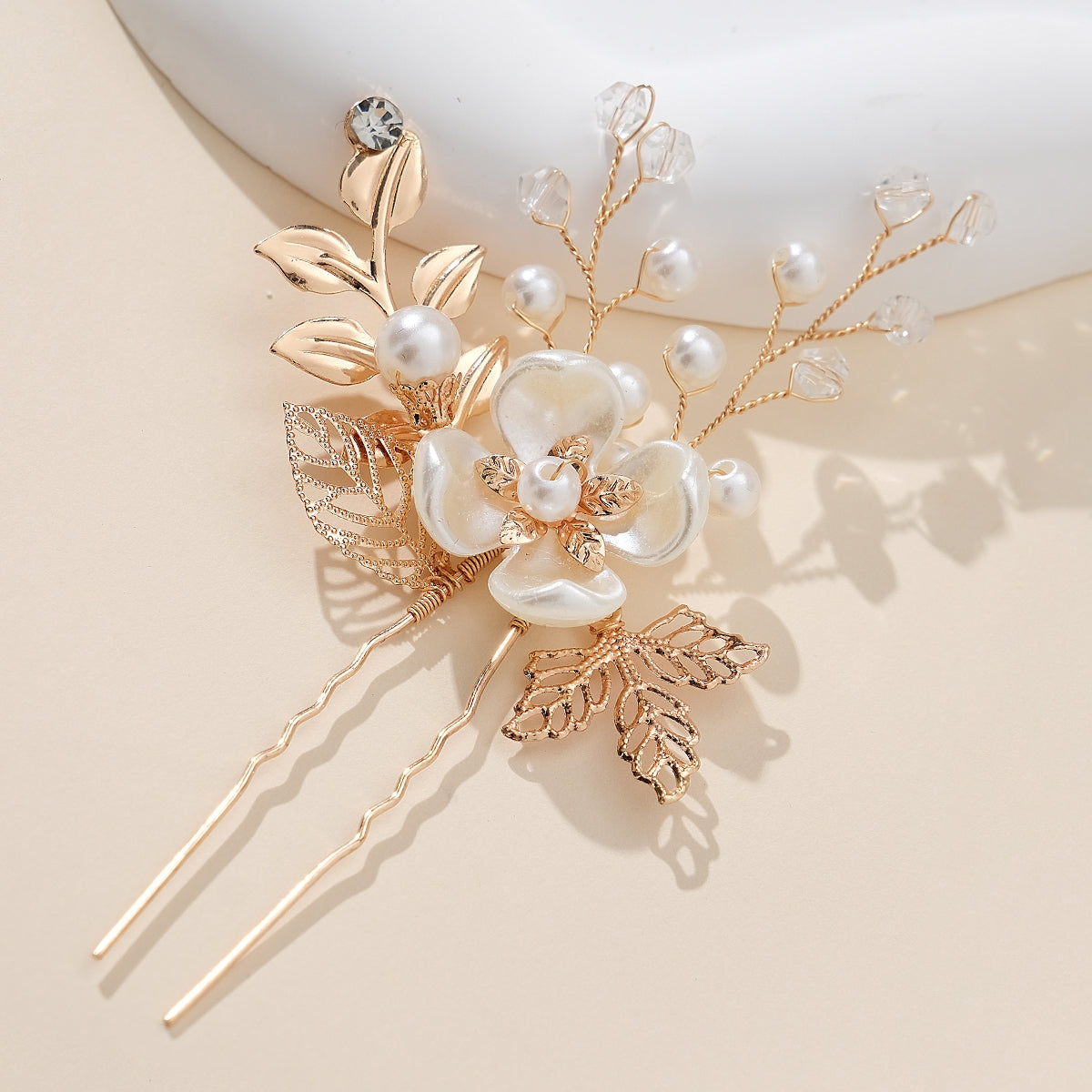 Women's Elegant Bridal Gold Leaf Pearl Flower Hairpin