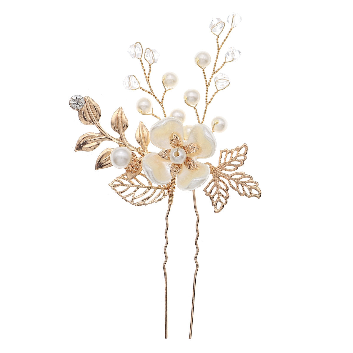 Women's Elegant Bridal Gold Leaf Pearl Flower Hairpin