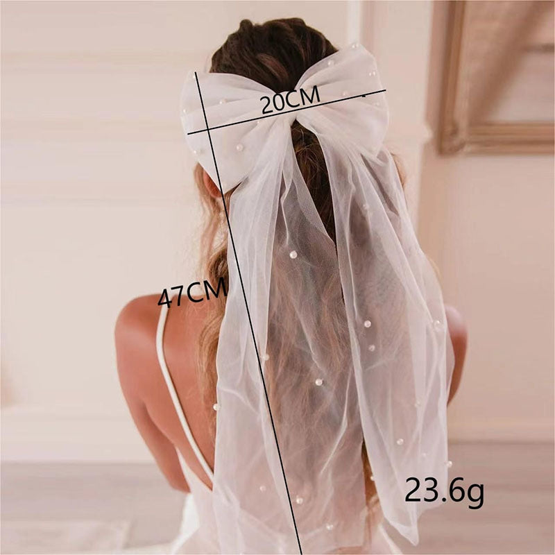 Women's Elegant Bridal Bow Knot Pearl Gauze Hair Clip