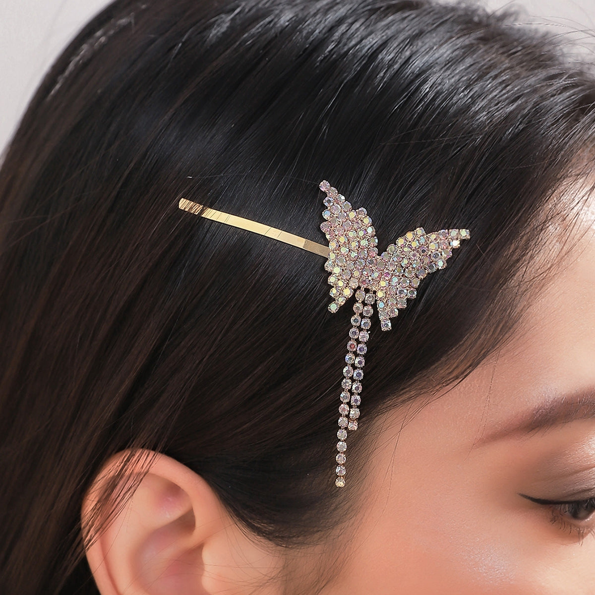 Women's Rhinestone Butterfly Tassel Hair Clip - Elegant Metal Plating Hair Accessory