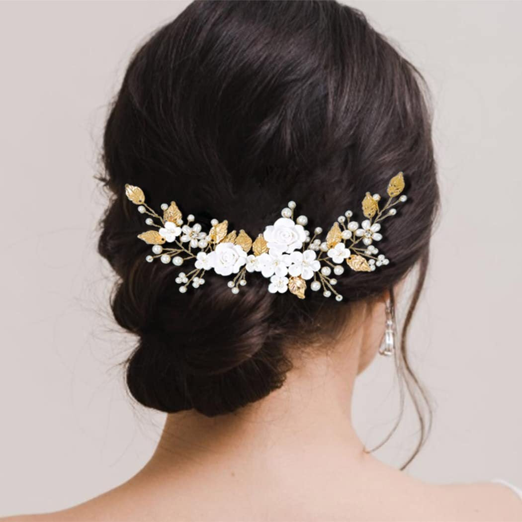 Women's Elegant Pearl & White Floral Hair Clip for Bridal Updo