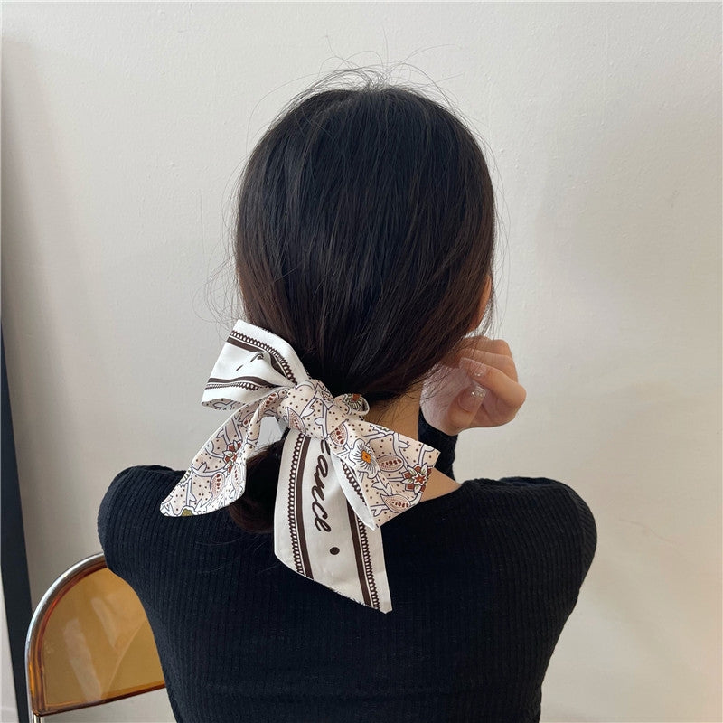 Women's Elegant Geometric Silk Scarf and Hair Ribbon Accessory