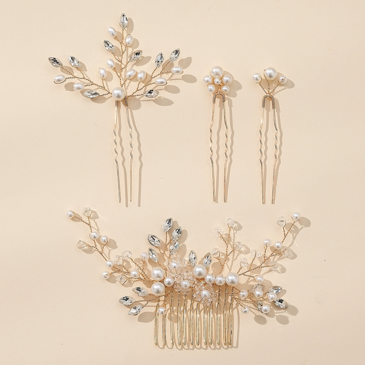 Women's Elegant Bridal Geometric Crystal Pearl Rhinestone Handmade Hairpin Comb Set