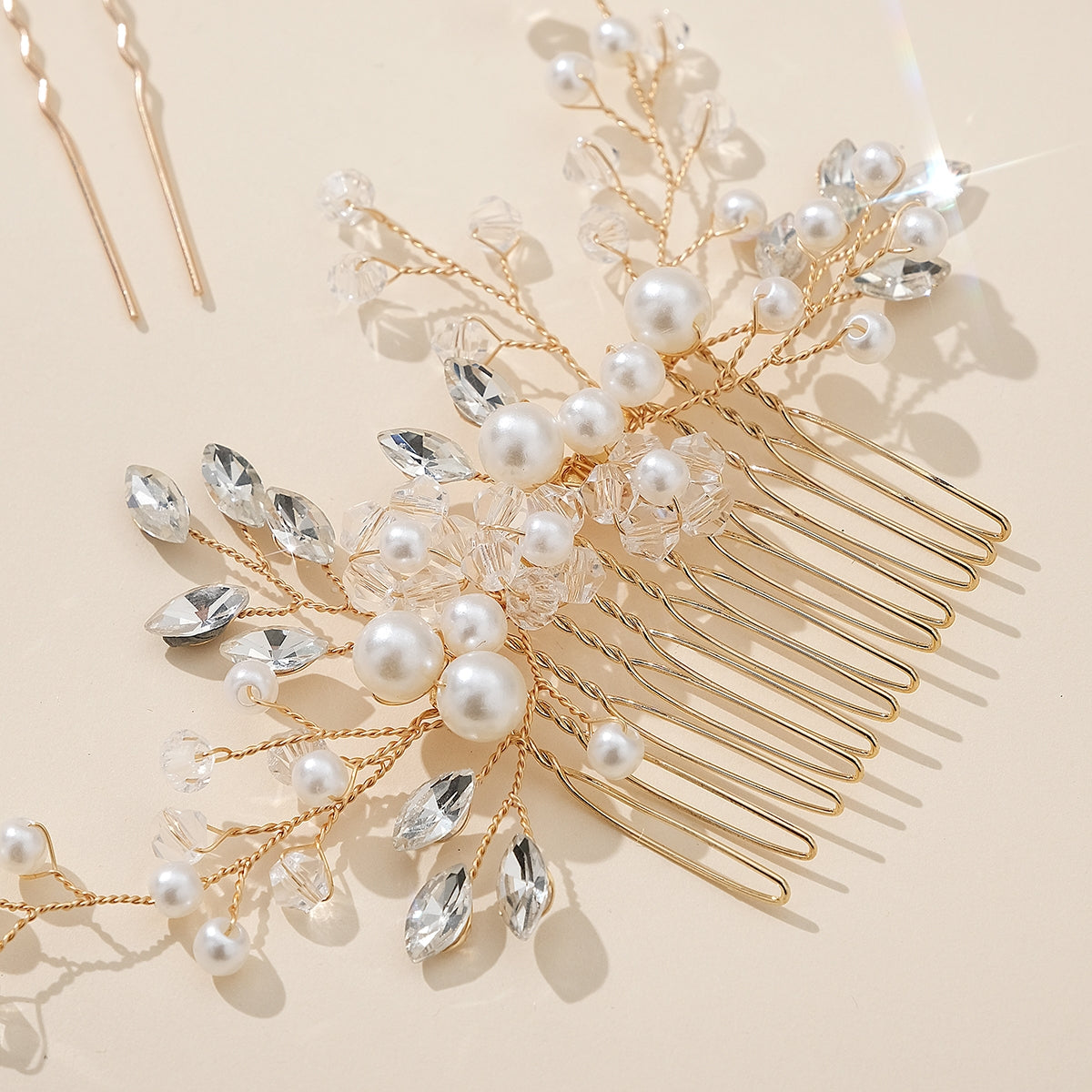 Women's Elegant Bridal Geometric Crystal Pearl Rhinestone Handmade Hairpin Comb Set