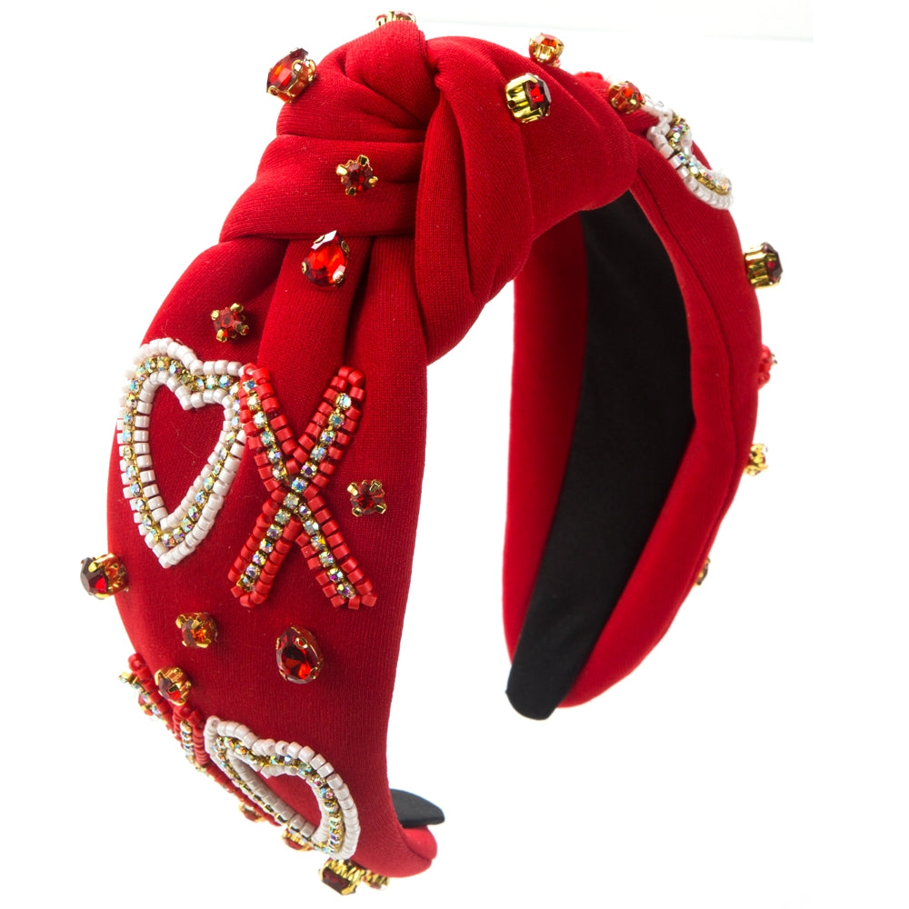 Women's Heart-Shaped Rhinestone Beaded Headband - Valentine's Day Red Knotted Wide-Brim Hair Accessory