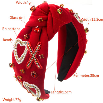 Women's Heart-Shaped Rhinestone Beaded Headband - Valentine's Day Red Knotted Wide-Brim Hair Accessory