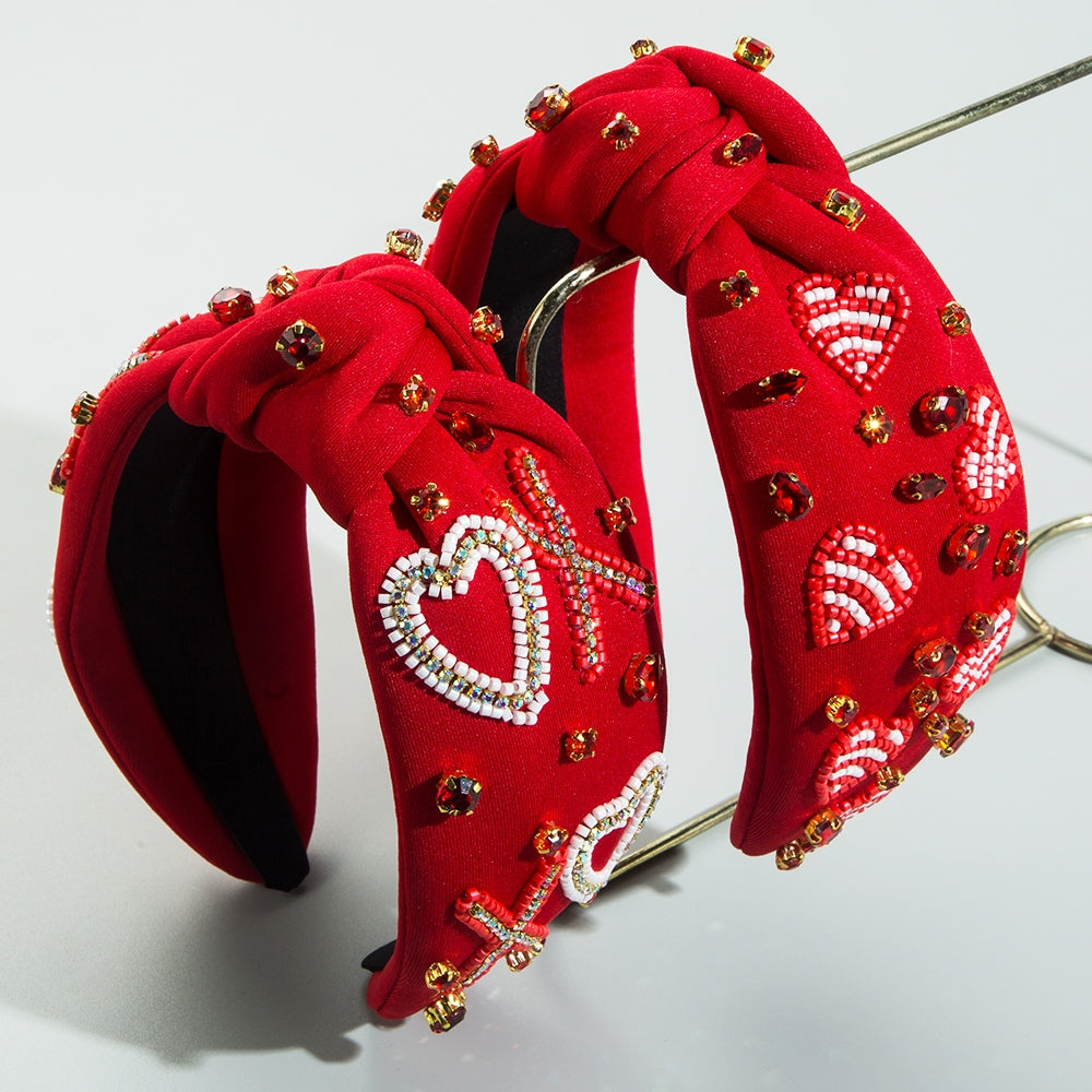 Women's Heart-Shaped Rhinestone Beaded Headband - Valentine's Day Red Knotted Wide-Brim Hair Accessory