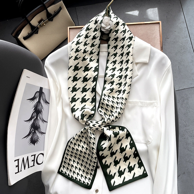 Women's Elegant Houndstooth Silk Scarf and Hair Ribbon