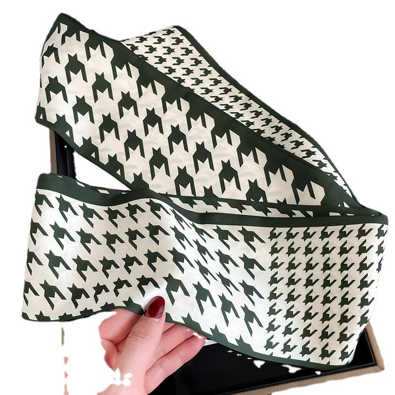 Women's Elegant Houndstooth Silk Scarf and Hair Ribbon