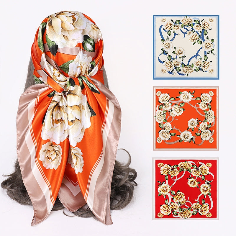 Women's Elegant Floral Print Silk Scarf Kerchief