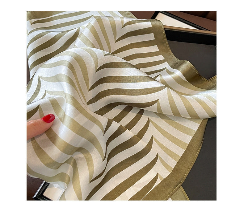 Women's Elegant Stripe Silk Scarf - Green Square Design