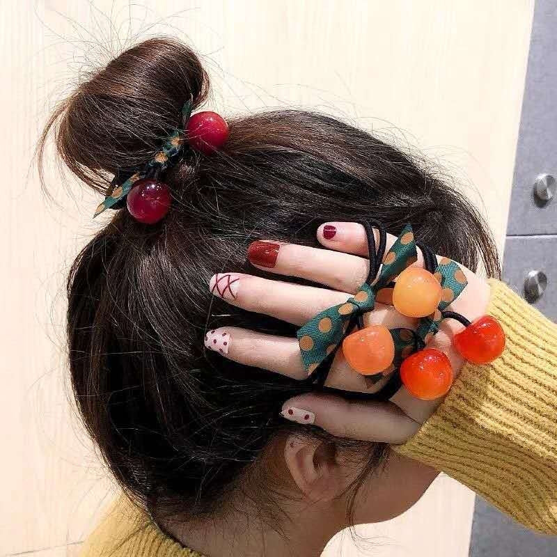 Women's Elegant Artistic Cherry Acrylic Hair Tie and Leather Ponytail Holder