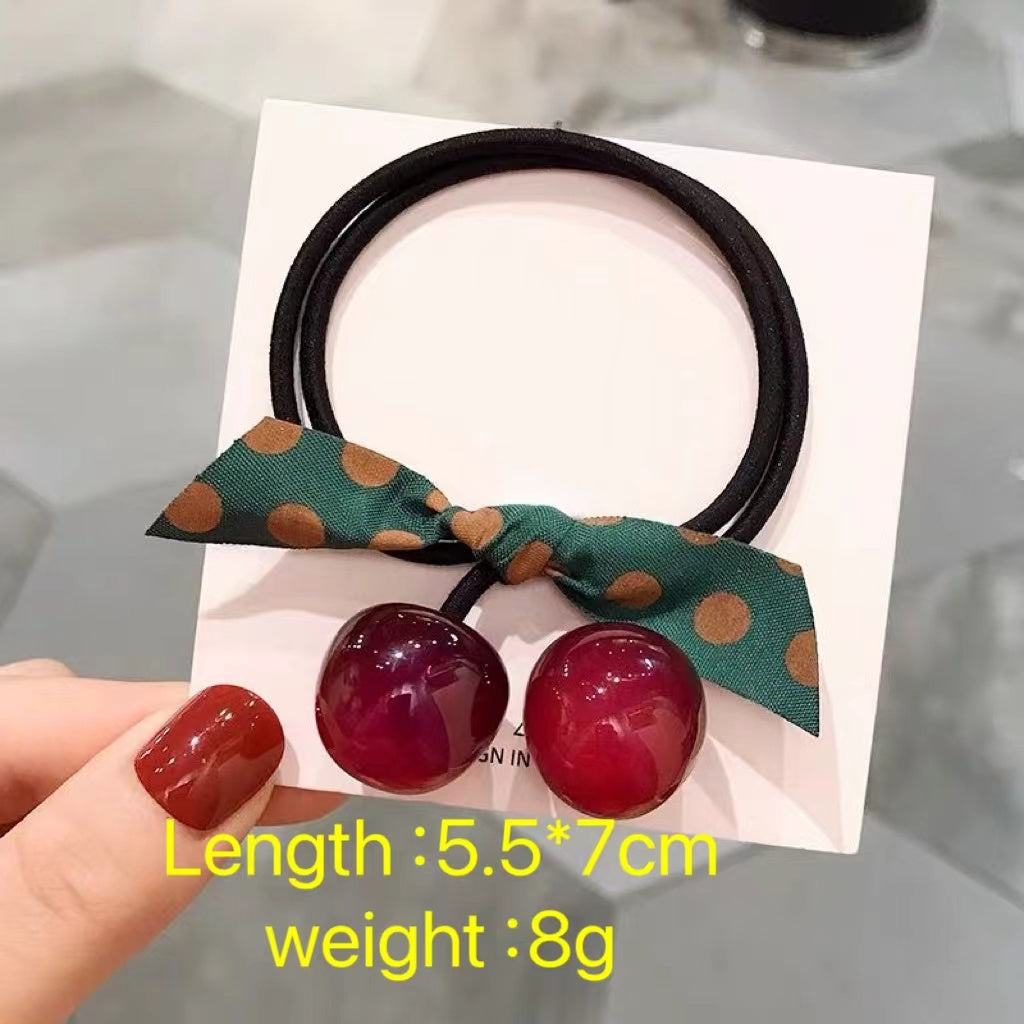 Women's Elegant Artistic Cherry Acrylic Hair Tie and Leather Ponytail Holder