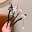 Women's Ethnic Floral Wood Inlay Gemstone Rhinestone Hairpin with Tassels