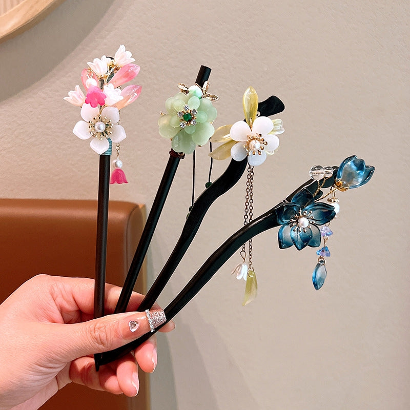 Women's Ethnic Floral Wood Inlay Gemstone Rhinestone Hairpin with Tassels