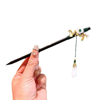 Women's Ethnic Floral Wood Inlay Gemstone Rhinestone Hairpin with Tassels