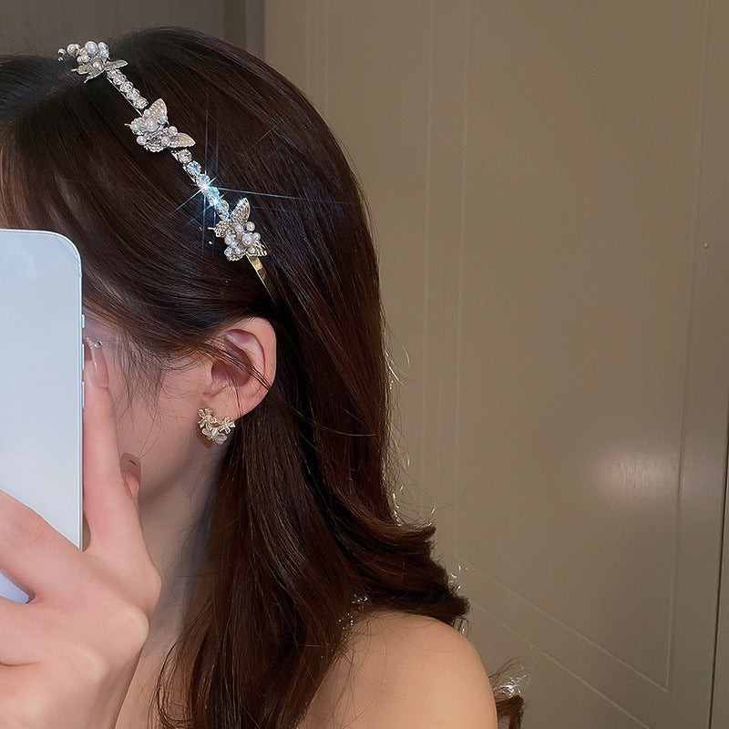 Women's Elegant Pearl and Diamond Flower Bow Hairband