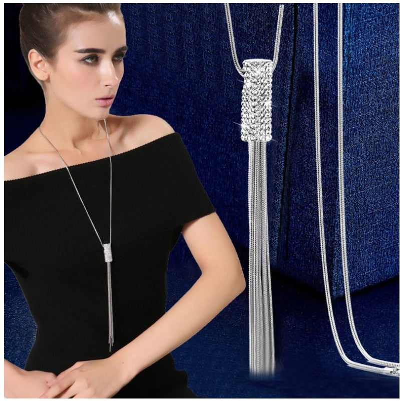 Women's Glam Tassel Crystal Pendant Necklace with Rhinestones