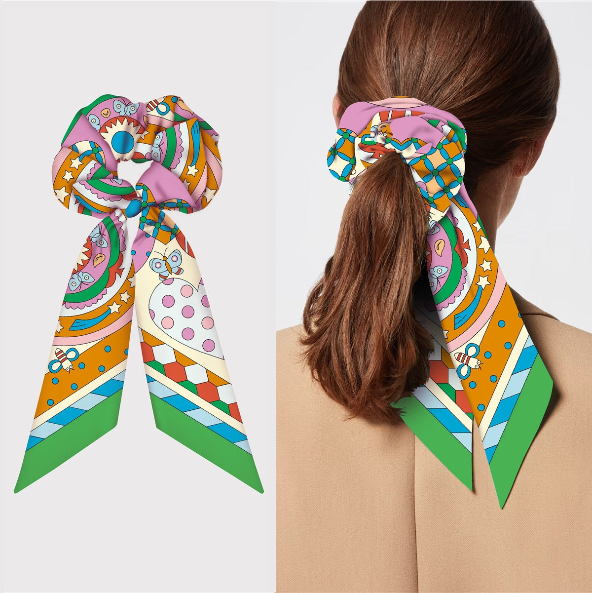 Women's Fashion Silk Hair Scarf and Twill Hair Tie Set