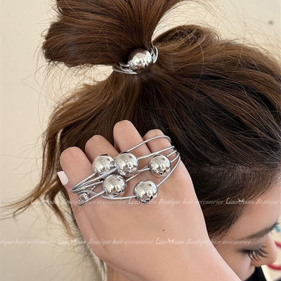 Women's Silver Round Ball Elastic Hair Tie - Durable High Elasticity Ponytail Holder