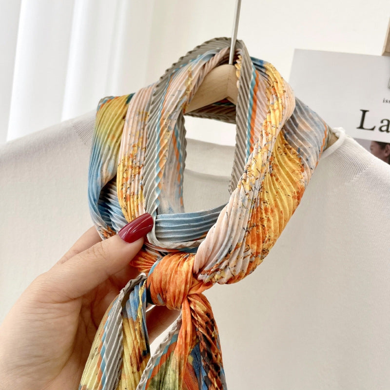 Women's Retro Color Block Polyester Silk Scarf and Headband Accessory