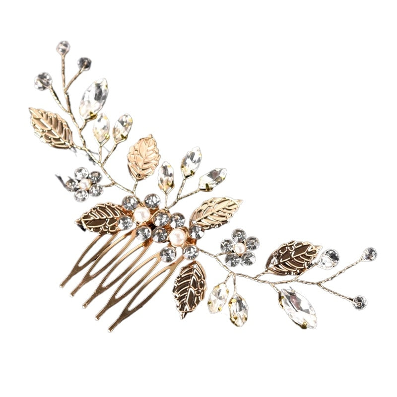 Silver Leaf Pearl Rhinestone Hair Comb for Women